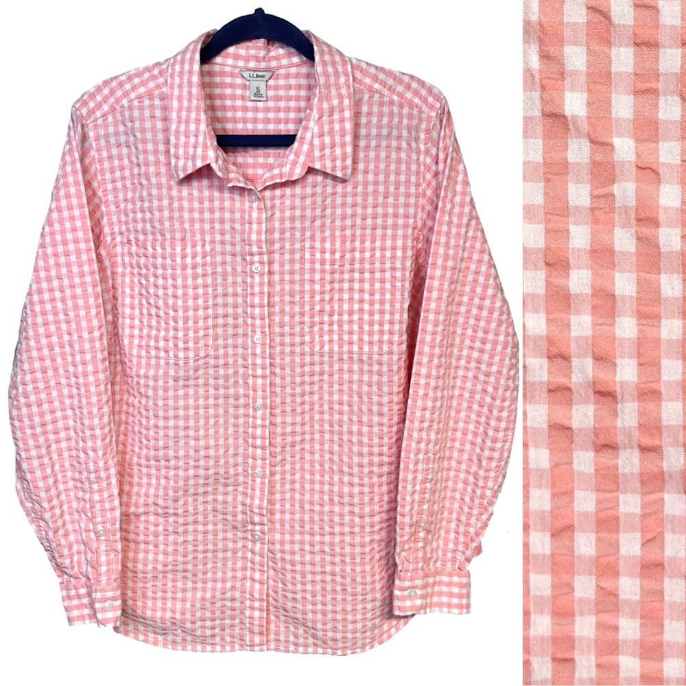 LL Bean Pink Gingham Plaid Seersucker Long Sleeve Shirt Ranch Cottage Preppy XL
